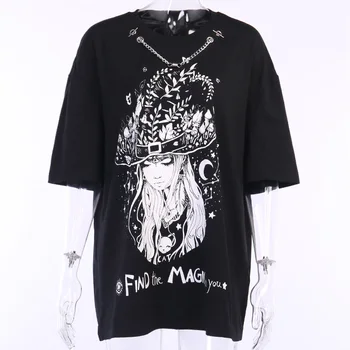 2021 Epocă tricouri Supradimensionate Gotic Swith Imprimare Vrac Femei Top Negru T-shirt Streetwear Casual, O-neck Punk Topuri Lungi