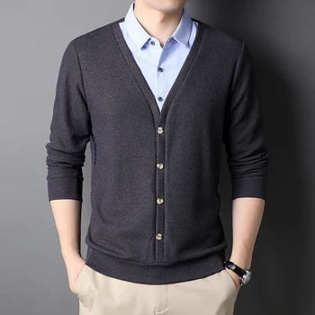 2021 Nou Brand de Moda Pulover Pentru Barbati Cardigan V Neck Slim Fit Jumperi KnitredFake două bucăți coreeană Stil Casual Barbati Haine