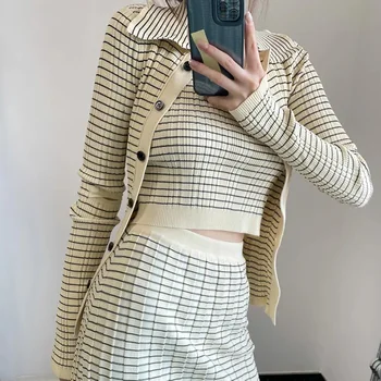 2021 Primavara-Vara Noi Femeile De Lux Rib Knit Shirt Stripe Cardigan Moda Sexy Suspensor Vesta Casual Versatil, Fusta Cu Dungi