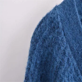 2021 Toamna Femei Pulovere Albastru Vintage V-neck Maneca Lunga Puf Tricot Cardingan Moda Butonul Up Supradimensionat Femeie Sacou Tricot