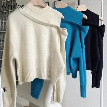 2021 Toamna Noua Moda Crewneck Sweater Femeie Off-umăr All-meci Culoare Solidă Tricot Pulover Femei cu Maneci Lungi de Sus