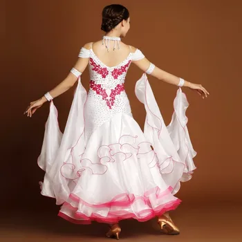 Alb Expansiune Rochie Lunga w/Rose Decoratiuni pentru Adult Standard Dans/Tango/Vals/Foxtrot/Dans Modern Concurs de Costume