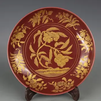Antic MingDynasty(YongLe)placă de porțelan,rosu glazura,aurit de fructe,de Mână-pictate,de Colectare și de Podoabă,transport Gratuit