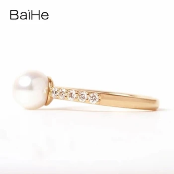 BAIHE Solid 14K Aur Galben 6.5-7mm Rotund Natural de apă Dulce pearl naturale de Logodna cu Diamant Trendry Simplu pearl Inel cu diamant