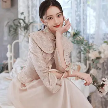Chineză Rochie De Domnișoară De Onoare Iarnă Îmbunătățit Cheongsam Rochii Femei Petrecere De Seara Rochie De Bling Două Bucăți Tang Top Si Fusta Costum Vestido