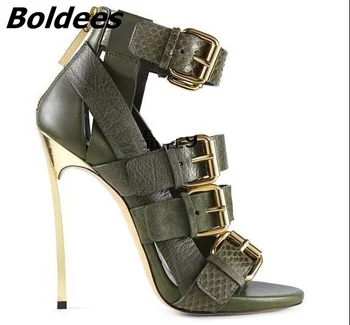 Designer de modă Moale din Piele PU de Metal cu Toc Sandale Femei din piele de Sarpe Potrivit Catarame Decor Stilet Tocuri Pantofi Rochie