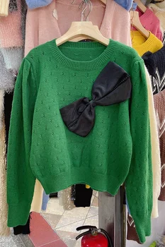 Dulce Galben Mare Bowknot Decorative Pulover tricotat pentru Femei 2021 Toamna anului Nou Liber Gât Rotund Solid Tricotaje Femei Îmbrăcăminte exterioară