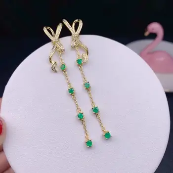 Grațios verde smarald cercei stud cu lanț lung pentru femei reale naturale bijuterie argint 925 fata data partid cadou placat cu aur