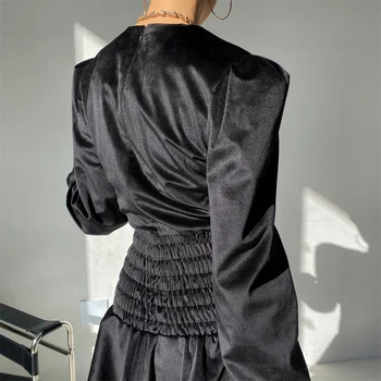 HziriP Negru Rochie Mini Casual Chic Plin Mâneci Primăvară 2022 Moda Vrac de Mare Talie Subțire Streetwear OL Elegant Vestidos