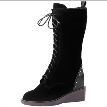 Iarna, la Mijlocul lunii Vițel Femei Cizme Pene de Pantofi de Moda de sex Feminin Fermoar Negru Dantelă-Up Kid Suede Boot Fund Gros Pantofi Platforma KC