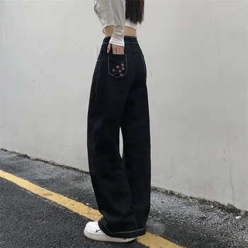 Negru de Talie Mare pentru Femei Blugi Drepte Epocă Largi Harajuku Design Streetwear Moda coreeană Mama Denim Pantaloni Largi Picior Pantaloni