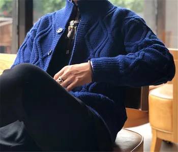 Realizate manual din lână pură argyle cu dungi tricot moda barbati stand guler solid singur pieptul cardigan pulover personalizat