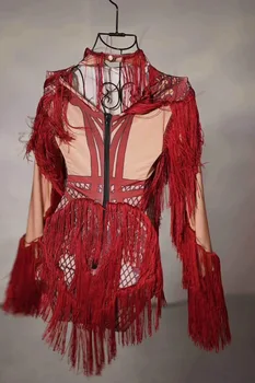 Roșu Model Ciucure De Imprimare Body Femei Maneca Lunga Petrecere Sexy Body Costum De Teatru Pentru Femei Club De Noapte Tinuta