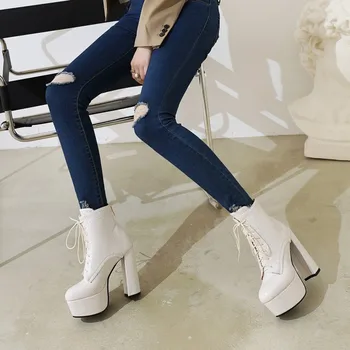 Sexy Gros Tocuri Indesata Goth Cizme Pantofi pentru Femei 2021 Iarna Platforma Rotund Toe Dantela-up Cizme Motocicleta Snake Pantofi din piele de Crocodil