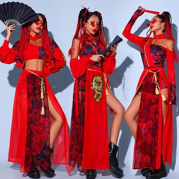 Stil chinezesc Femei Jazz Performanță Haine Roșii Festivalul de Haine Hip Hop Haine Pentru Adulți Gogo Dans Costume de Scenă DQS6259