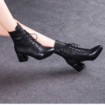 Toamna Negru De Iarna Femei Cizme Dantela-Up A Subliniat Toe Platforma Toc Gros Pantofi Femei Punk Britanic Papuceii Dimensiune 35-40