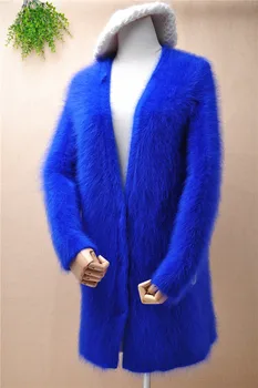 Top mujer de moda pentru femei păros nurca cașmir tricot mâneci lungi v-gât adânc cardigan vrac manta de blană de angora haina jacheta pulover