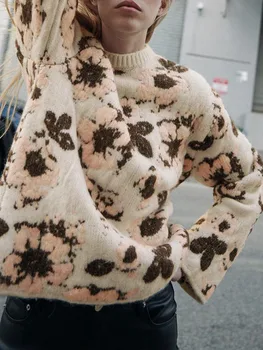 ZA toamna anului nou liber casual tricot pentru femei temperament dulce contrast culoare floare jacquard gât rotund cu mâneci lungi pulover