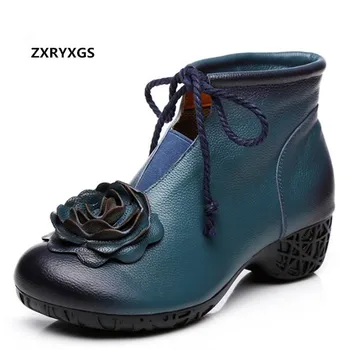 ZXRYXGS Brand Cizme Clasice cu Flori din Piele Pantofi pentru Femeie Cizme 2021 Nou Clasic Toc Gros Cizme de Moda Pantofi Glezna Cizme