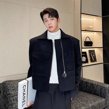 2022 Bărbați Coreeană De Moda Vintage Cu Fermoar Lateral Buzunar Mare Rever Sacou Scurt De Îmbrăcăminte De Sex Masculin Streetwear Chic Liber Haina Casual