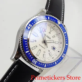 44mm BLIGER cadran alb albastru ceramic bezel rotativ semne luminoase mișcarea automată bărbați ceas