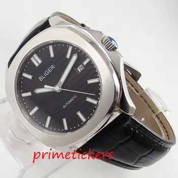 Automat bărbați ceas BLIGER de afaceri de Lux 39mm cadran negru cu indicatoare de data curea de piele neagra safir glasa