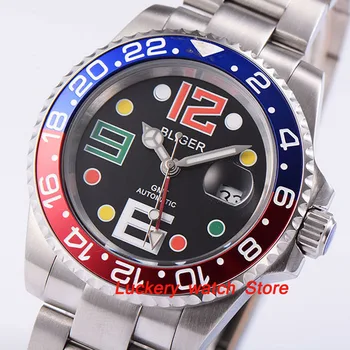 Bliger 40mm cadran negru luminos saphire de sticlă;roșu și albastru Bezel GMT Automatic bărbați ceas-BA25