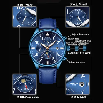 BOYZHE Mens Automatische Mechanische Uhren Luxus Marken Casual Edelstahl Mond Faza Sport de Afaceri Uhr Relogio Masculino