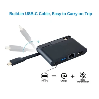 C USB Hub cu Ascunse prin Cablu, USB Tip C, HDMI, Ethernet, USB 3.0, USB de Tip C PD Port, Compatibil cu MacBook Pro 2018
