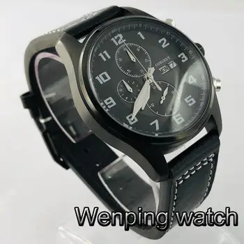 Corgeut 41mm ceas cronograf negru PVD caz, black dial data saptamana curea de piele barbati top cuarț ceas