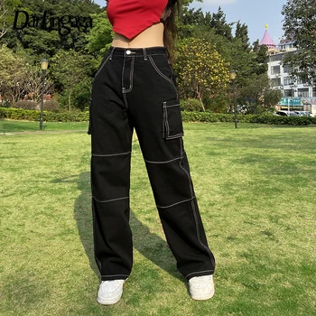 Darlingaga Streetwear Linie Dungă Neagră Direct Talie Inalta Blugi Casual, Buzunare Mari Cargo Pantaloni Denim Coreean Blugi Largi De Sex Feminin