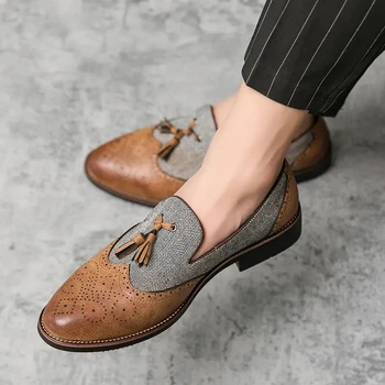 De vară la Modă Pantofi pentru Bărbați PU Toc Pătrat Cap Rotund de Culoare de Potrivire Ciucure Decor de Moda Casual, Retro All-meci YX198