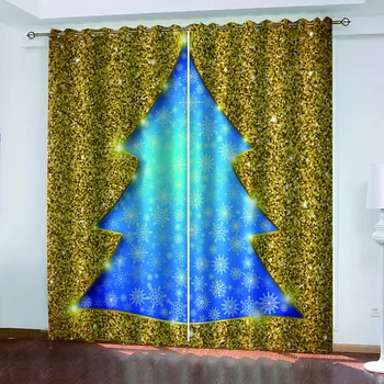 Dimensiunea personalizate de Lux Opace 3D Fereastră Perdele de aur de crăciun copac albastru cortina izolate fonic windproof perdele