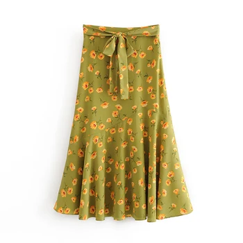 Femei Vintage imprimeu floral de vara verde fuste lungi 2020 noua moda a-line fusta cu talie inalta cu o centura chic femei fusta femme
