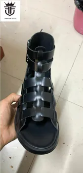 FR.LANCELOT nou gladiator sandale cu toc gros pantofi de vara pentru bărbați traforaj sandale cu catarama vă apucați de apartamente din piele neagra