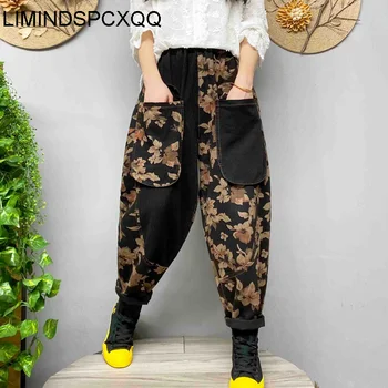 LIMINDSPCXQQ Britanic Floral Design Casual, Blugi Doamnelor Carouri Denim Pantaloni Harem Negru pentru Femei Vintage Buzunare Largi Pantaloni Punk