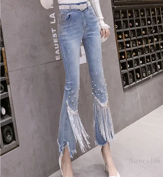Nou-Clopot Fund Pantaloni din Denim pentru Femei Slăbire Talie Mare Ciucure Margele de Diamant Trunchiate Boot-Cut Blue Jeans 2021 Primavara-Vara