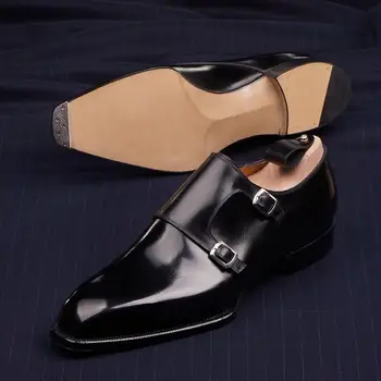 Nouă Bărbați de Moda Rochie de Pantofi Handmade Negru Strălucitor PU Pătrat mic Deget de la picior Toc Clasic Dublu Cataramă Business Casual Pantofi Monk 6KF571
