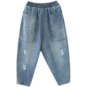 NYFS 2021 Nou Stil de Primavara-Vara Femei Blugi largi Casual spălat pantaloni Vintage Denim Elastic Nouă puncte Pantaloni