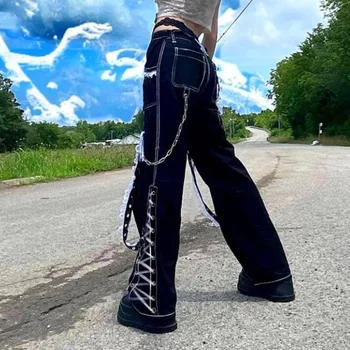 Pantaloni Femei 2021 Noi Y2k Femeie Blugi Gotic Negru Picior Drept Pantaloni Femei Dantelă Cusaturi de Personalitate Design Curea Blugi