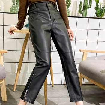 Pantaloni Femei Reale Oaie Piele 2022 Toamna De Moda Real Din Piele De Înaltă Talie Pantaloni Casual Vrac Pantaloni Drepte