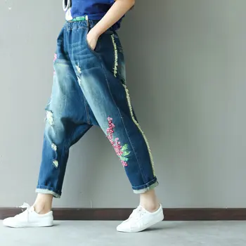 Pantaloni Harem Pentru Femei Blugi Talie Elastic Femeie Sex Feminin 2021 Moda Pantaloni Lungime De Glezna Print Floral Brodat Buzunare Uzat