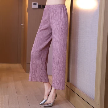 Pantaloni pentru femei de Vară 2021 Nou Slim Stretch Miyake Cutat Broderie Plus Dimensiune Talie Elastic Casual Pantaloni Largi Picior de sex Feminin