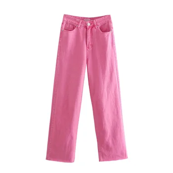 Pantaloni pentru Femei Za Moda Traf Blugi Buzunare Culoare Solidă Wide-leg Blugi Vintage Talie Mare cu Fermoar Zbura de sex Feminin Pantaloni din Denim