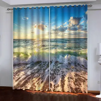 Personalizate perdele albastre valuri pe plaja 3D Draperii Pentru Living lenjerie de Pat cameră Draperii Cotinas