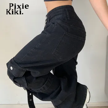 PixieKiki Y2k Joase Blugi Largi de Metal Cataramă Stil Hip-hop Streetwear Femei Buzunar Pantaloni din Denim Negru Pantaloni P67-EZ77