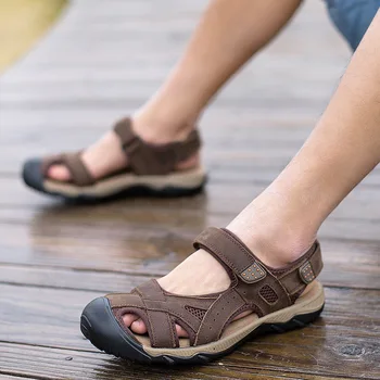 Sandale de vara Barbati Non-alunecare Baotou în aer liber Râu în Amonte Pantofi de piele de Vacă Pantofi de Plaja si Sandale și Papuci de Mari Dimensiuni 38-48