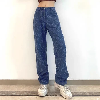 Toamna de Moda Blugi Femei Y2K Talie Mare Streetwear Print Denim Pantaloni Drepte Mama Iubitii Pantaloni Casual Vintage de Îmbrăcăminte