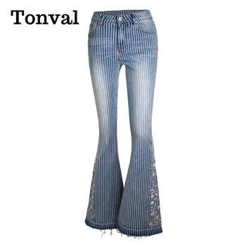 Tonval Skinny Cu Dungi Flare Pantaloni Din Denim Pentru Femei Floral Brodate Moda Vintage Fermoar Zbura Uzat Tiv Slim Jeans