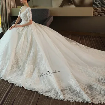 Vestido de Noiva Elegant coreean Rochie de Bal Rochii de Mireasa Curtea de Tren Spate Deschis Rochie de Mireasa Dantela 2018 Rochii de Mireasa Jumătate Maneca